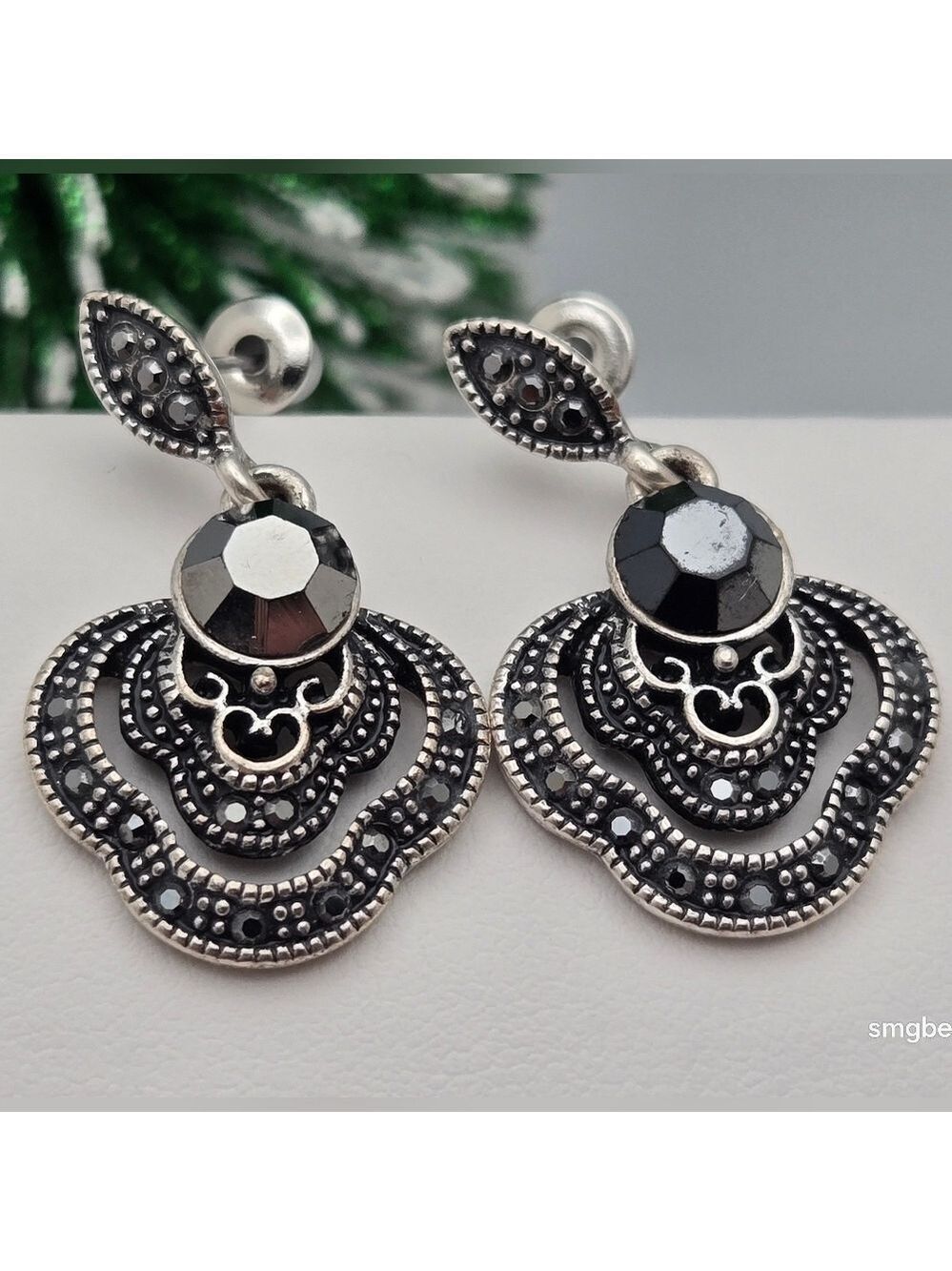Black Onyx & Marcasite Dangle Earrings Iridescent Center Stone